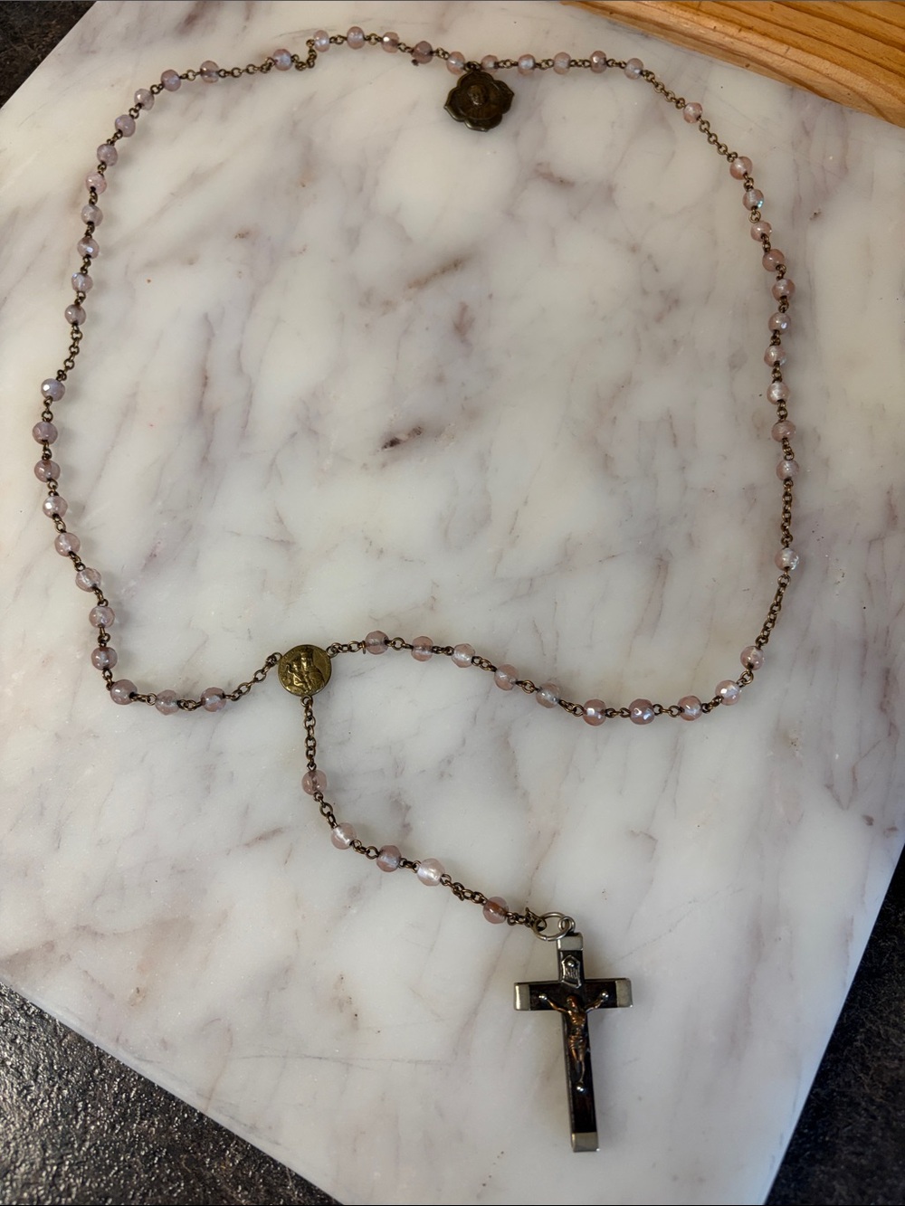 Antique-Tone Pink Pearl Rosary Necklace with Cross Pendant